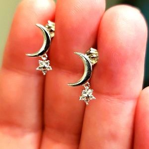925 STERLING SILVER CRESCENT MOON & STAR CRYSTAL  DANGLE CHARM EARRINGS☆NEW